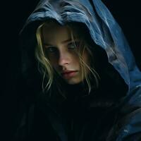 a woman in a hooded jacket with blue eyes generative ai photo