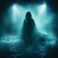 a woman in a hooded robe sitting in the water generative ai photo