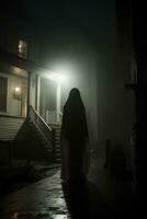a woman in a hooded robe walks down a dark street at night generative ai photo