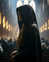 a woman in a hooded robe standing in a church generative ai photo