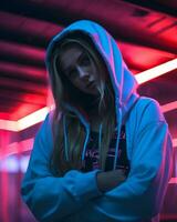 a woman in a hoodie standing in front of neon lights generative ai photo