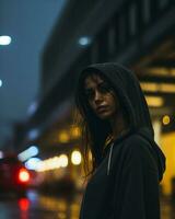 a woman in a hoodie standing on a street at night generative ai photo