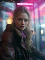 a woman in a jacket and scarf sitting on a bench in front of neon lights generative ai photo