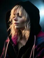 a woman in a hoodie with her eyes closed generative ai photo
