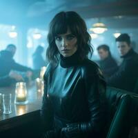 a woman in a leather jacket sitting at a table generative ai photo