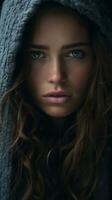 a woman in a hoodie with blue eyes generative ai photo