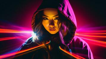 a woman in a hoodie with neon lights generative ai photo