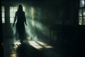 un mujer en un largo vestir es caminando mediante un oscuro habitación generativo ai foto