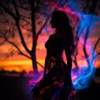 a woman in a long dress is silhouetted in front of a sunset generative ai photo