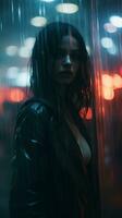 a woman in a leather jacket standing in the rain generative ai photo
