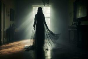 un mujer en un largo vestir en pie en un oscuro habitación generativo ai foto