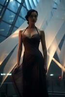 a woman in a long dress standing in a room generative ai photo