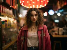 a woman in a pink coat standing in front of a store generative ai photo