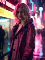 a woman in a pink coat standing in the rain generative ai photo