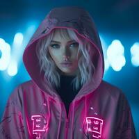 a woman in a pink hoodie with neon lights generative ai photo