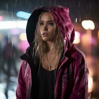 un mujer en un rosado chaqueta en pie en el lluvia generativo ai foto