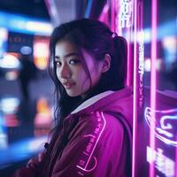 a woman in a pink jacket standing in front of neon signs generative ai photo