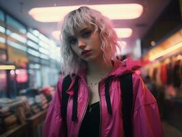 a woman in a pink jacket standing in front of a store generative ai photo