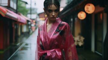 a woman in a pink robe walking down a street in the rain generative ai photo