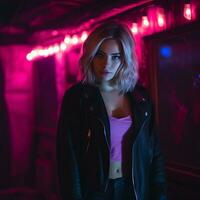 a woman in a pink top and leather jacket standing in front of neon lights generative ai photo