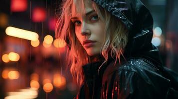 a woman in a rain jacket standing in the rain at night generative ai photo
