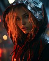 a woman in a rain jacket and hoodie in the rain generative ai photo