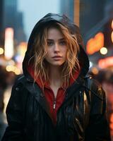 un mujer en un lluvia chaqueta en pie en el medio de un ciudad calle a noche generativo ai foto