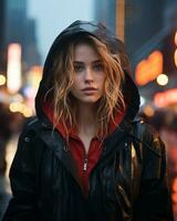 a woman in a rain jacket standing in the middle of a city street at night generative ai photo