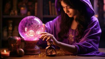 un mujer en un púrpura túnica es mirando a un cristal pelota generativo ai foto