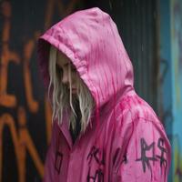 a woman in a pink raincoat standing in front of graffiti generative ai photo