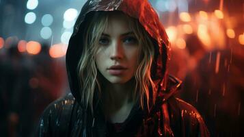 a woman in a rain jacket standing in the rain generative ai photo