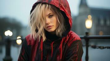a woman in a red and black hooded jacket generative ai photo