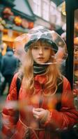 un mujer en un rojo Saco y sombrero es en pie en frente de un Tienda generativo ai foto