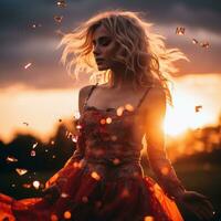 a woman in a red dress is surrounded by confetti generative ai photo