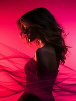 a woman in a red dress is silhouetted against a pink background generative ai photo