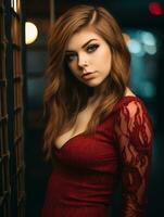a woman in a red dress posing for the camera generative ai photo