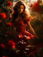 a woman in a red dress is surrounded by red roses generative ai photo