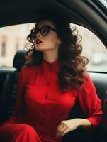 a woman in a red dress sitting in the back seat of a car generative ai photo