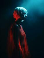 a woman in a red dress standing in front of a blue light generative ai photo