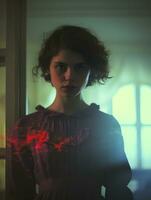 a woman in a red dress standing in front of a door generative ai photo