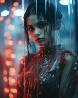 a woman in a red dress standing in front of red lights generative ai photo
