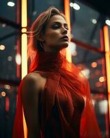un mujer en un rojo vestir en pie en frente de neón luces generativo ai foto