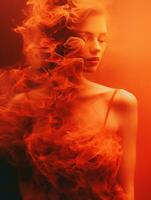 a woman in a red dress with smoke coming out of her hair generative ai photo
