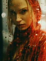 a woman in a red hooded coat standing in front of a window generative ai photo