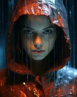 a woman in a red hoodie is standing in the rain generative ai photo