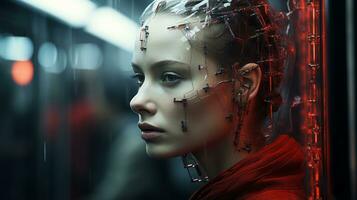 a woman in a red dress with wires on her head generative ai photo