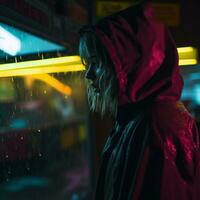 a woman in a red hoodie stands in front of a neon sign generative ai photo