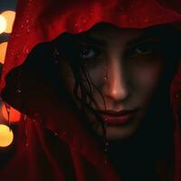 a woman in a red hoodie with water droplets on her face generative ai photo