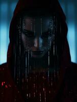 a woman in a red hoodie with chains on her face generative ai photo