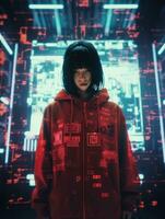 a woman in a red hoodie standing in front of a digital screen generative ai photo